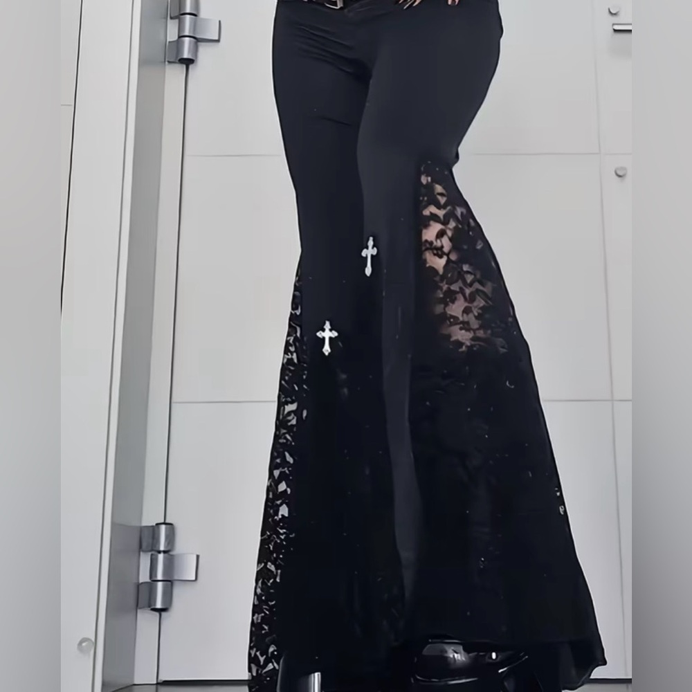 Gothic Elegant Black Lace Flared Pants